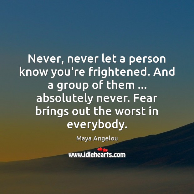 Never, never let a person know you’re frightened. And a group of Maya Angelou Picture Quote