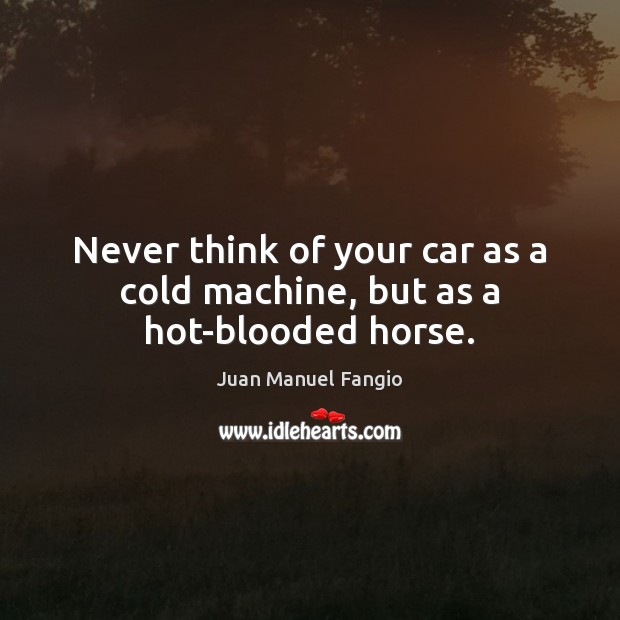 Never think of your car as a cold machine, but as a hot-blooded horse. Juan Manuel Fangio Picture Quote