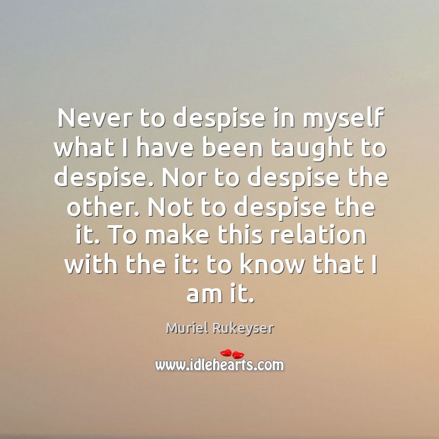 Never to despise in myself what I have been taught to despise. Muriel Rukeyser Picture Quote