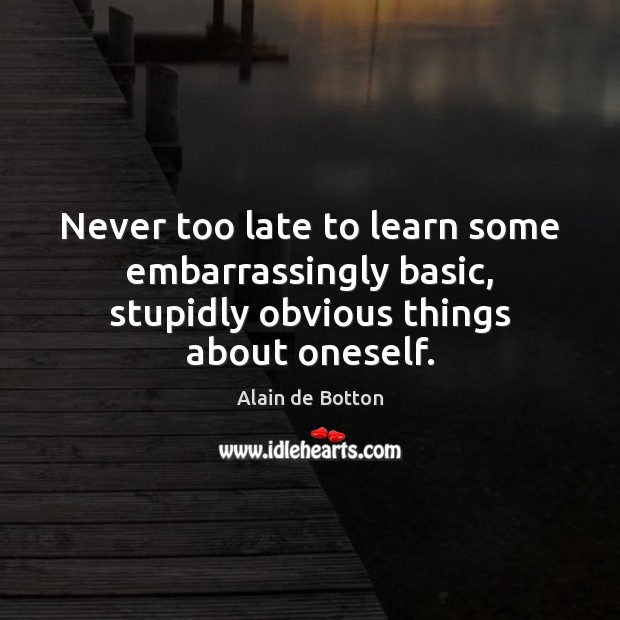 Never too late to learn some embarrassingly basic, stupidly obvious things about oneself. Alain de Botton Picture Quote