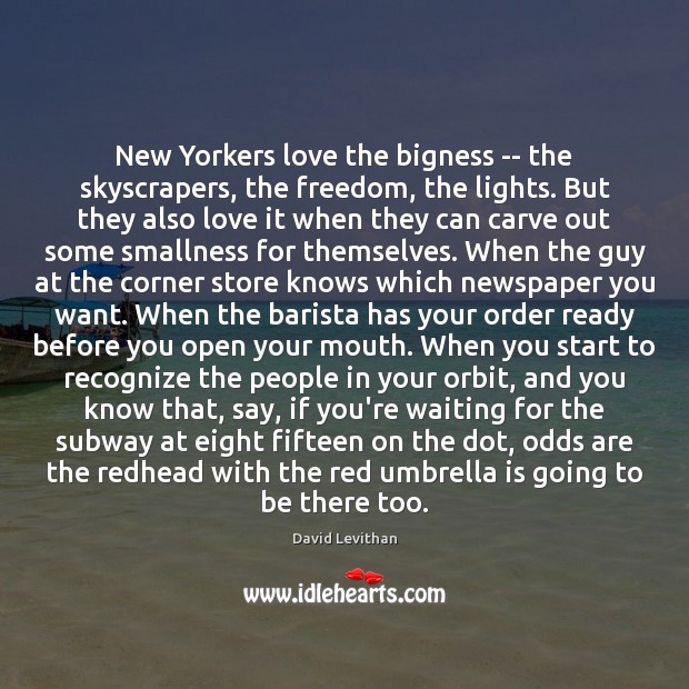 New Yorkers love the bigness — the skyscrapers, the freedom, the lights. David Levithan Picture Quote
