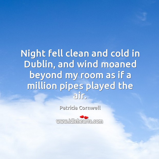 Night fell clean and cold in dublin, and wind moaned beyond my room as if a million pipes played the air. Patricia Cornwell Picture Quote