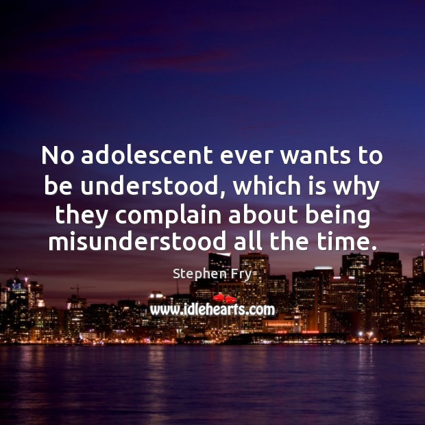 No adolescent ever wants to be understood, which is why they complain Stephen Fry Picture Quote