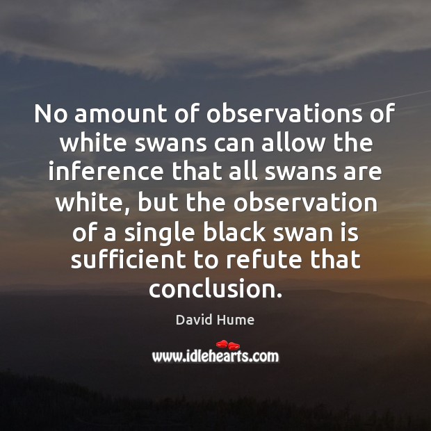 No amount of observations of white swans can allow the inference that David Hume Picture Quote