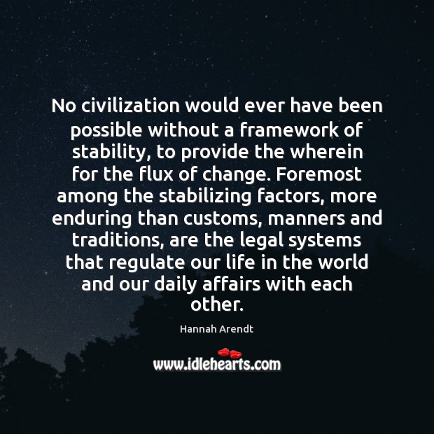 No civilization would ever have been possible without a framework of stability, Hannah Arendt Picture Quote