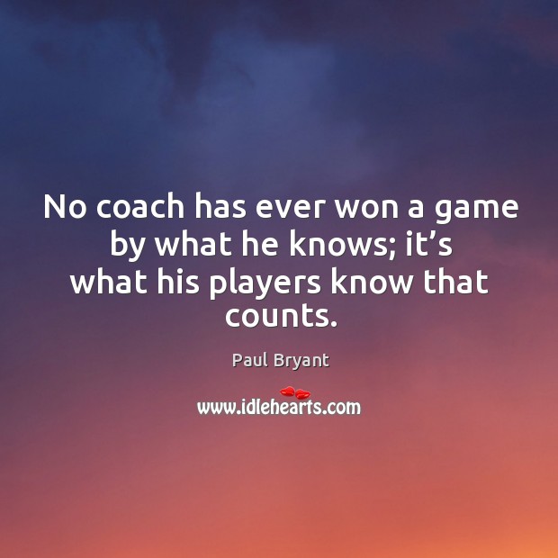 No coach has ever won a game by what he knows; it’s what his players know that counts. Paul Bryant Picture Quote