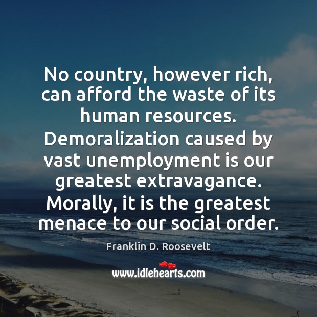 No country, however rich, can afford the waste of its human resources. Franklin D. Roosevelt Picture Quote