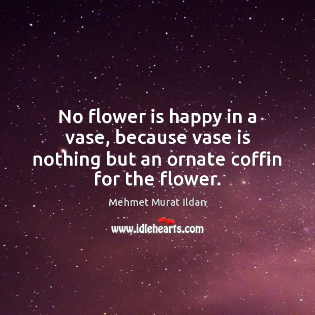 No flower is happy in a vase, because vase is nothing but an ornate coffin for the flower. Flowers Quotes Image