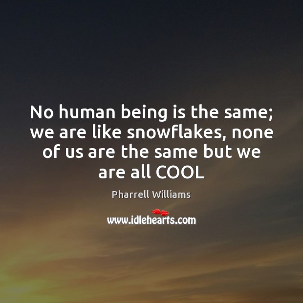 No human being is the same; we are like snowflakes, none of Pharrell Williams Picture Quote