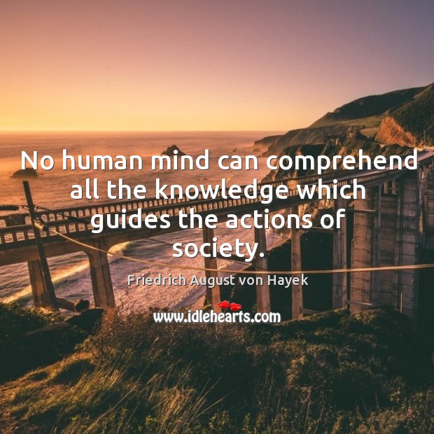 No human mind can comprehend all the knowledge which guides the actions of society. Friedrich August von Hayek Picture Quote