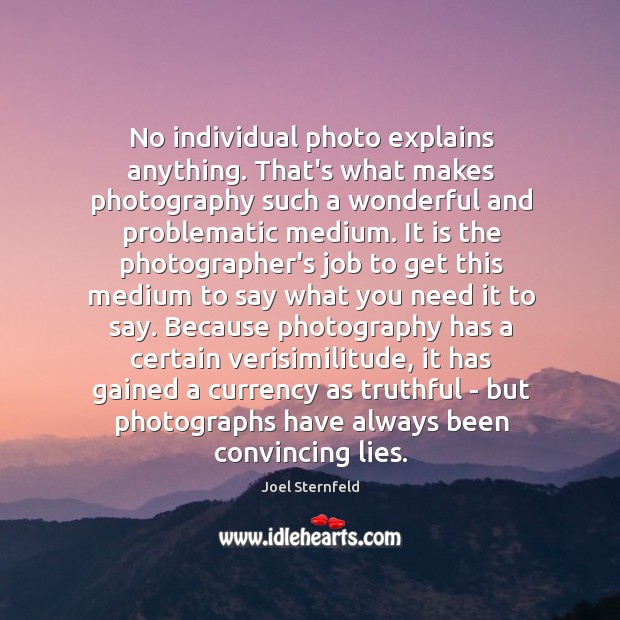 No individual photo explains anything. That’s what makes photography such a wonderful Joel Sternfeld Picture Quote