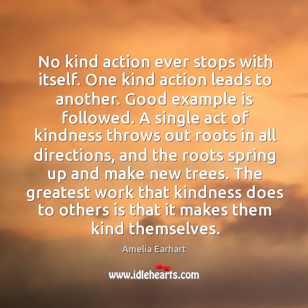 No kind action ever stops with itself. One kind action leads to another. Amelia Earhart Picture Quote