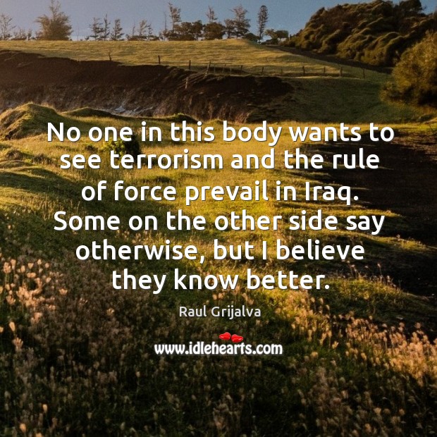 No one in this body wants to see terrorism and the rule of force prevail in iraq. Raul Grijalva Picture Quote