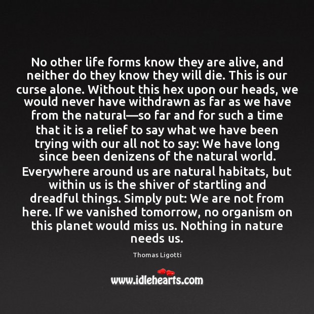 No other life forms know they are alive, and neither do they Thomas Ligotti Picture Quote