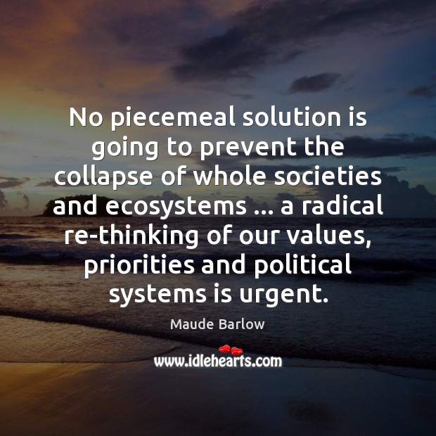 No piecemeal solution is going to prevent the collapse of whole societies Maude Barlow Picture Quote