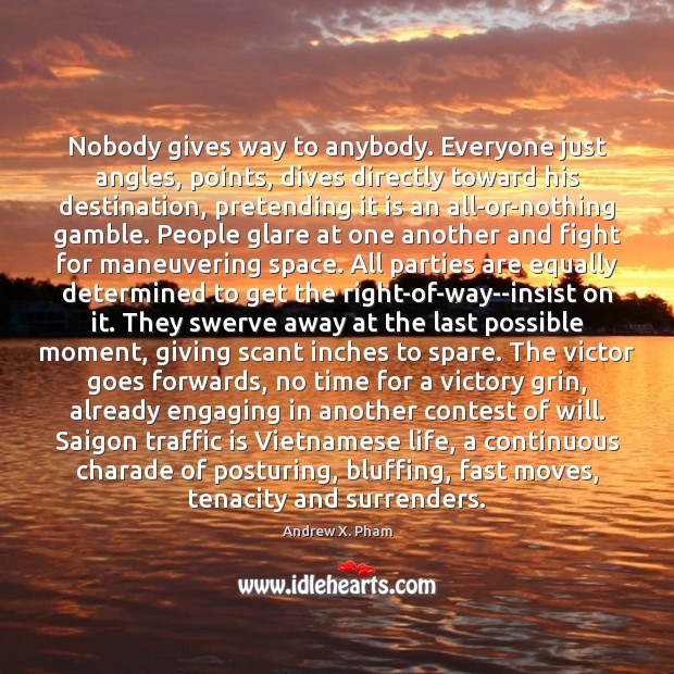 Nobody gives way to anybody. Everyone just angles, points, dives directly toward Andrew X. Pham Picture Quote