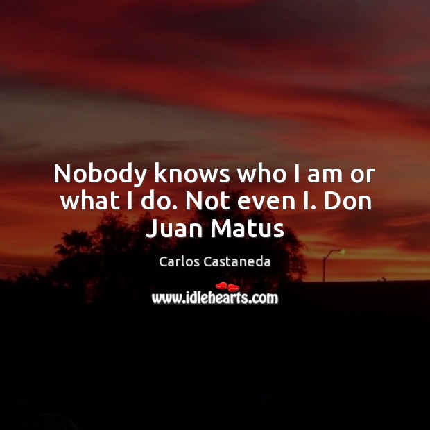 Nobody knows who I am or what I do. Not even I. Don Juan Matus Carlos Castaneda Picture Quote