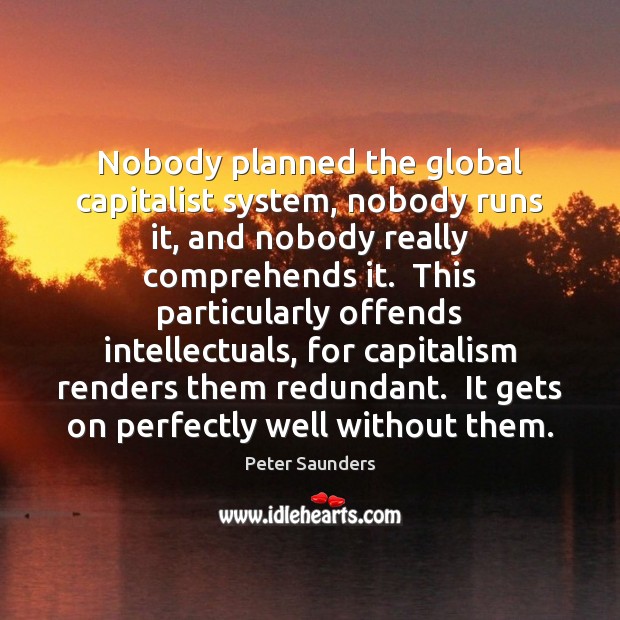 Nobody planned the global capitalist system, nobody runs it, and nobody really Peter Saunders Picture Quote