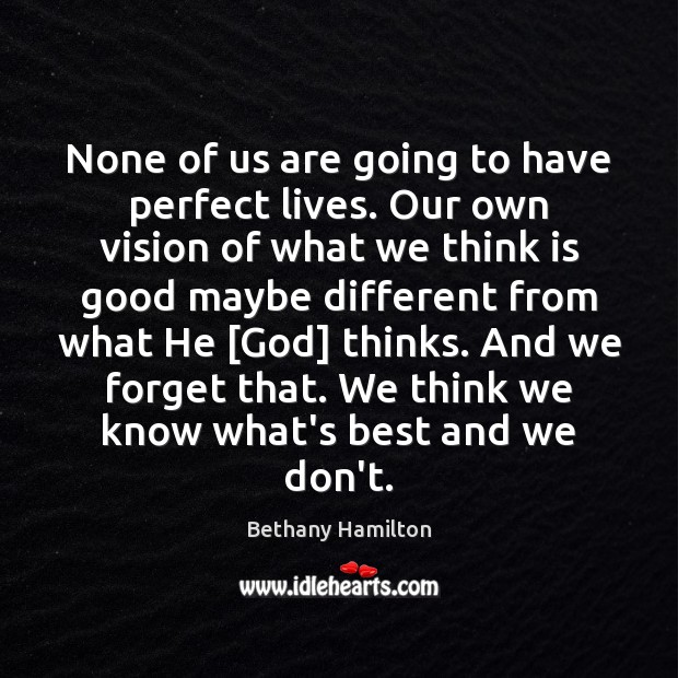 None of us are going to have perfect lives. Our own vision Bethany Hamilton Picture Quote