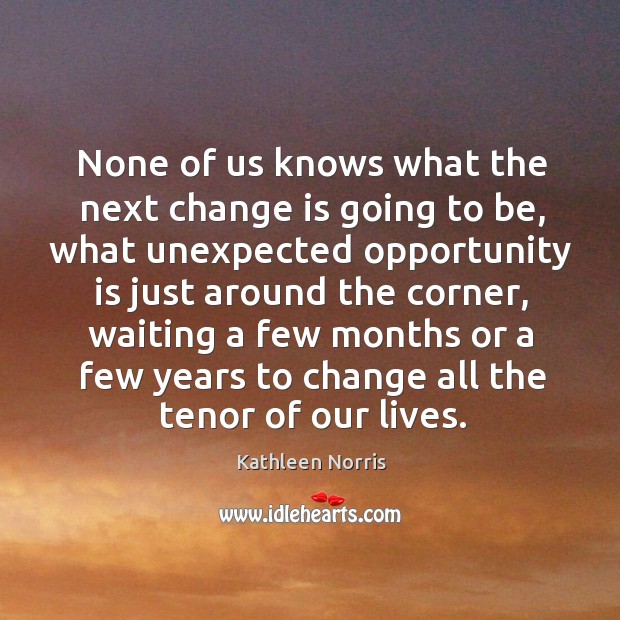 None of us knows what the next change is going to be, what unexpected opportunity is just Kathleen Norris Picture Quote