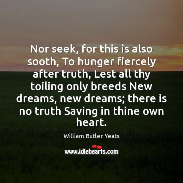 Nor seek, for this is also sooth, To hunger fiercely after truth, William Butler Yeats Picture Quote