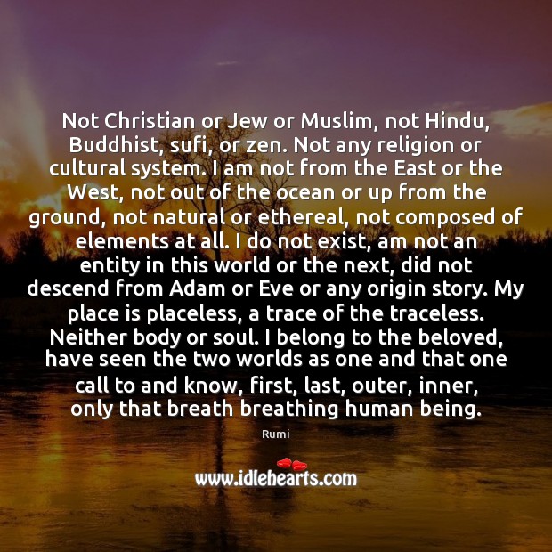Not Christian or Jew or Muslim, not Hindu, Buddhist, sufi, or zen. Rumi Picture Quote