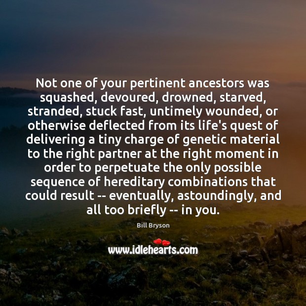 Not one of your pertinent ancestors was squashed, devoured, drowned, starved, stranded, 