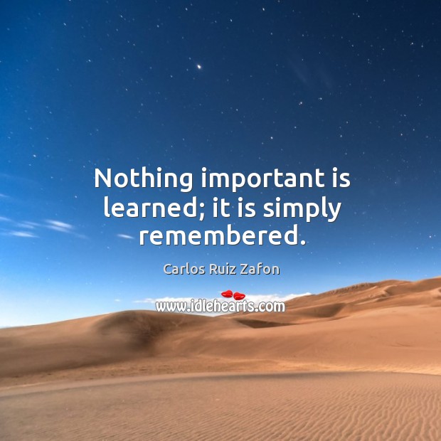 Nothing important is learned; it is simply remembered. Carlos Ruiz Zafon Picture Quote