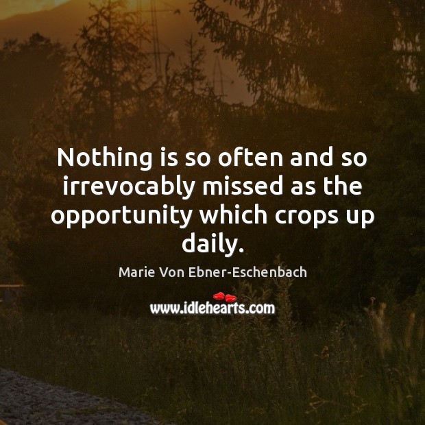 Nothing is so often and so irrevocably missed as the opportunity which crops up daily. Marie Von Ebner-Eschenbach Picture Quote