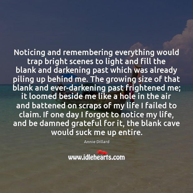 Noticing and remembering everything would trap bright scenes to light and fill Annie Dillard Picture Quote