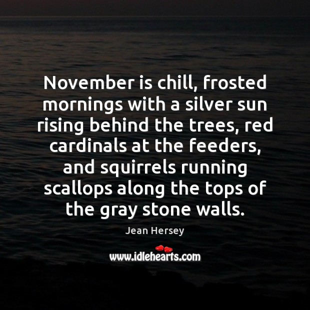 November is chill, frosted mornings with a silver sun rising behind the Jean Hersey Picture Quote