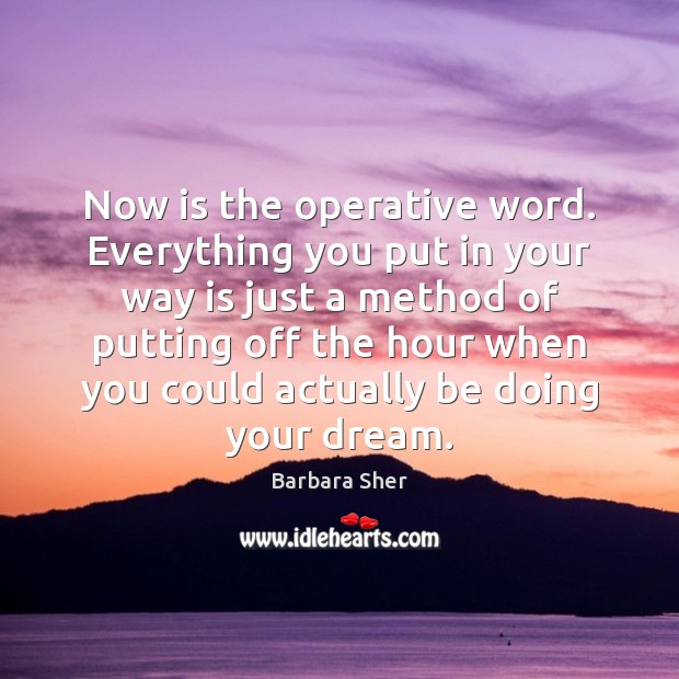 Now is the operative word. Everything you put in your way is Barbara Sher Picture Quote