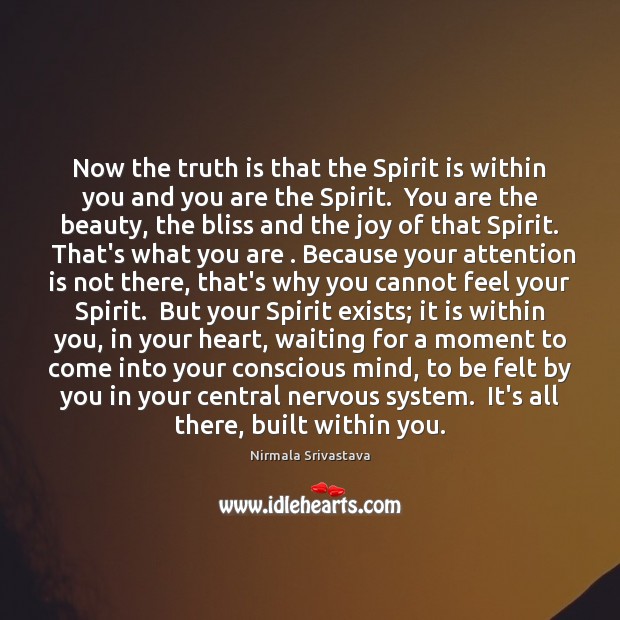 Now the truth is that the Spirit is within you and you Nirmala Srivastava Picture Quote