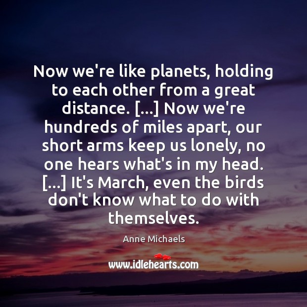 Now we’re like planets, holding to each other from a great distance. […] Anne Michaels Picture Quote
