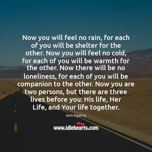 Now you will feel no rain, for each of you will be Ann Aguirre Picture Quote