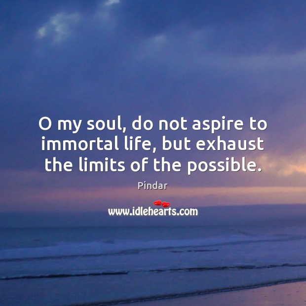 O my soul, do not aspire to immortal life, but exhaust the limits of the possible. Pindar Picture Quote