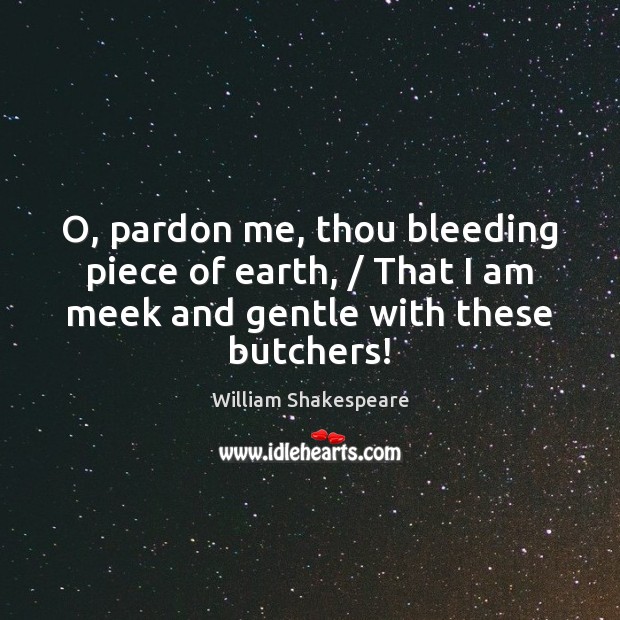 O, pardon me, thou bleeding piece of earth, / That I am meek 