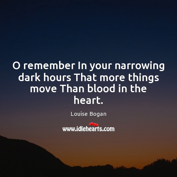 O remember In your narrowing dark hours That more things move Than blood in the heart. Image