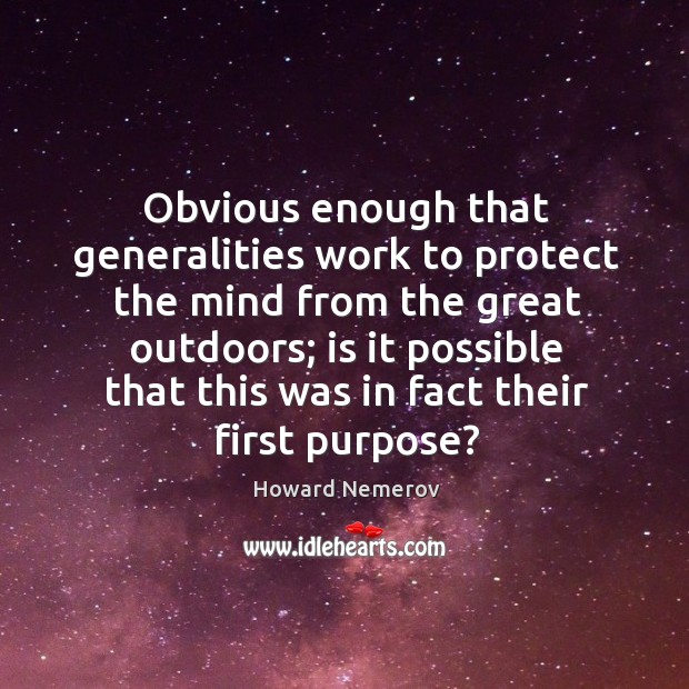 Obvious enough that generalities work to protect the mind from the great outdoors; is it possible that this was in fact their first purpose? Howard Nemerov Picture Quote