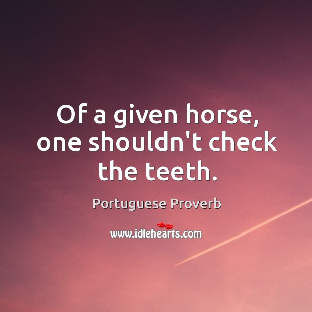 Of a given horse, one shouldn’t check the teeth. Portuguese Proverbs Image