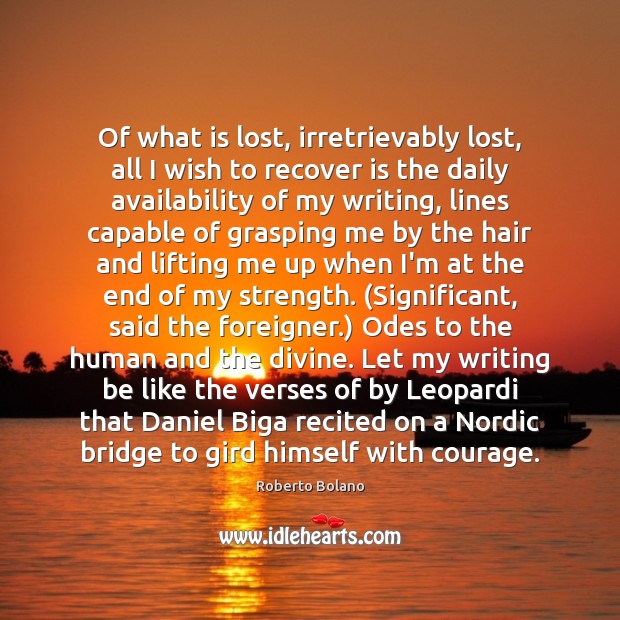 Of what is lost, irretrievably lost, all I wish to recover is Roberto Bolano Picture Quote