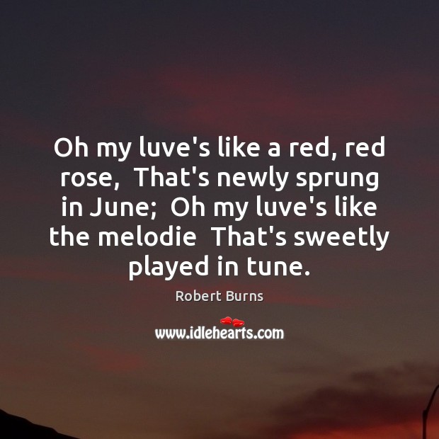 Oh my luve’s like a red, red rose,  That’s newly sprung in Robert Burns Picture Quote