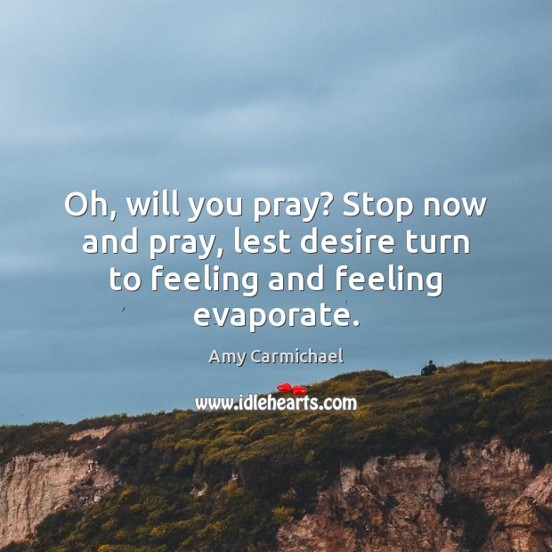 Oh, will you pray? Stop now and pray, lest desire turn to feeling and feeling evaporate. Amy Carmichael Picture Quote