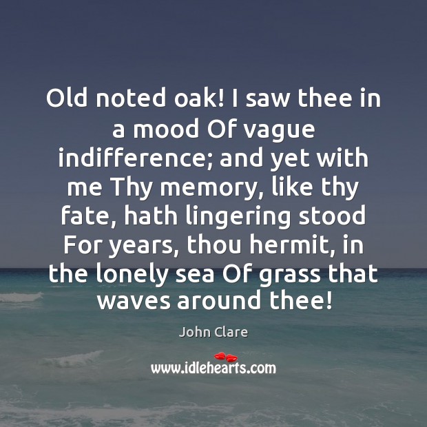 Old noted oak! I saw thee in a mood Of vague indifference; John Clare Picture Quote
