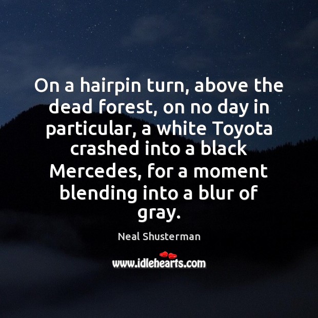 On a hairpin turn, above the dead forest, on no day in Neal Shusterman Picture Quote