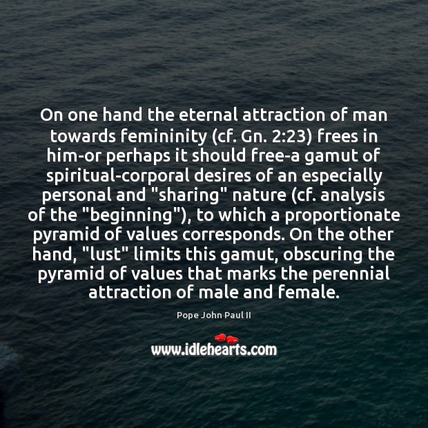 On one hand the eternal attraction of man towards femininity (cf. Gn. 2:23) Image