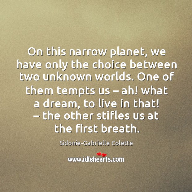 On this narrow planet, we have only the choice between two unknown worlds Sidonie-Gabrielle Colette Picture Quote