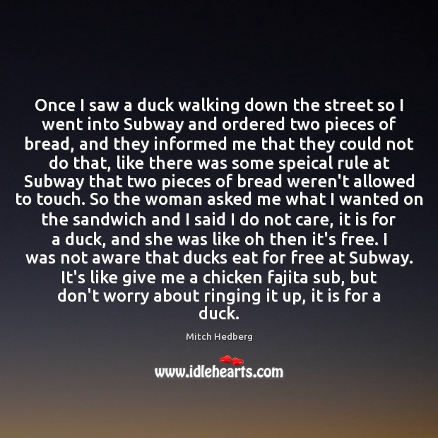Once I saw a duck walking down the street so I went Mitch Hedberg Picture Quote