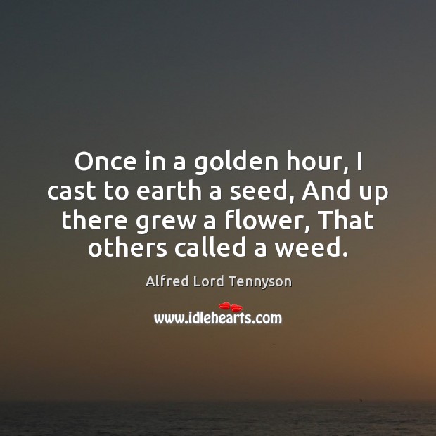 Once in a golden hour, I cast to earth a seed, And Alfred Lord Tennyson Picture Quote