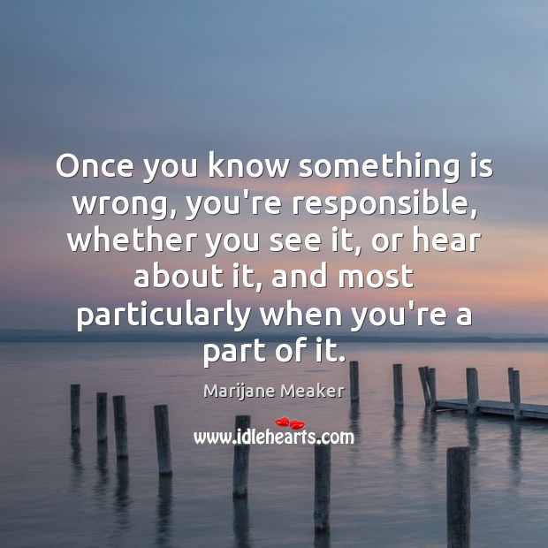 Once you know something is wrong, you’re responsible, whether you see it, Marijane Meaker Picture Quote